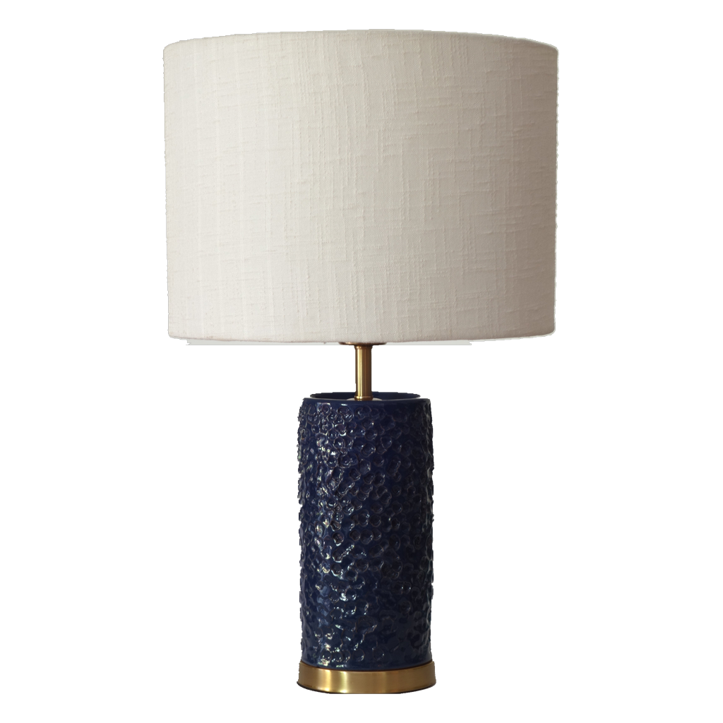 Finished handcrafted lamp combining the Navy Carved Cylinder base and Drum Linen Ivory shade