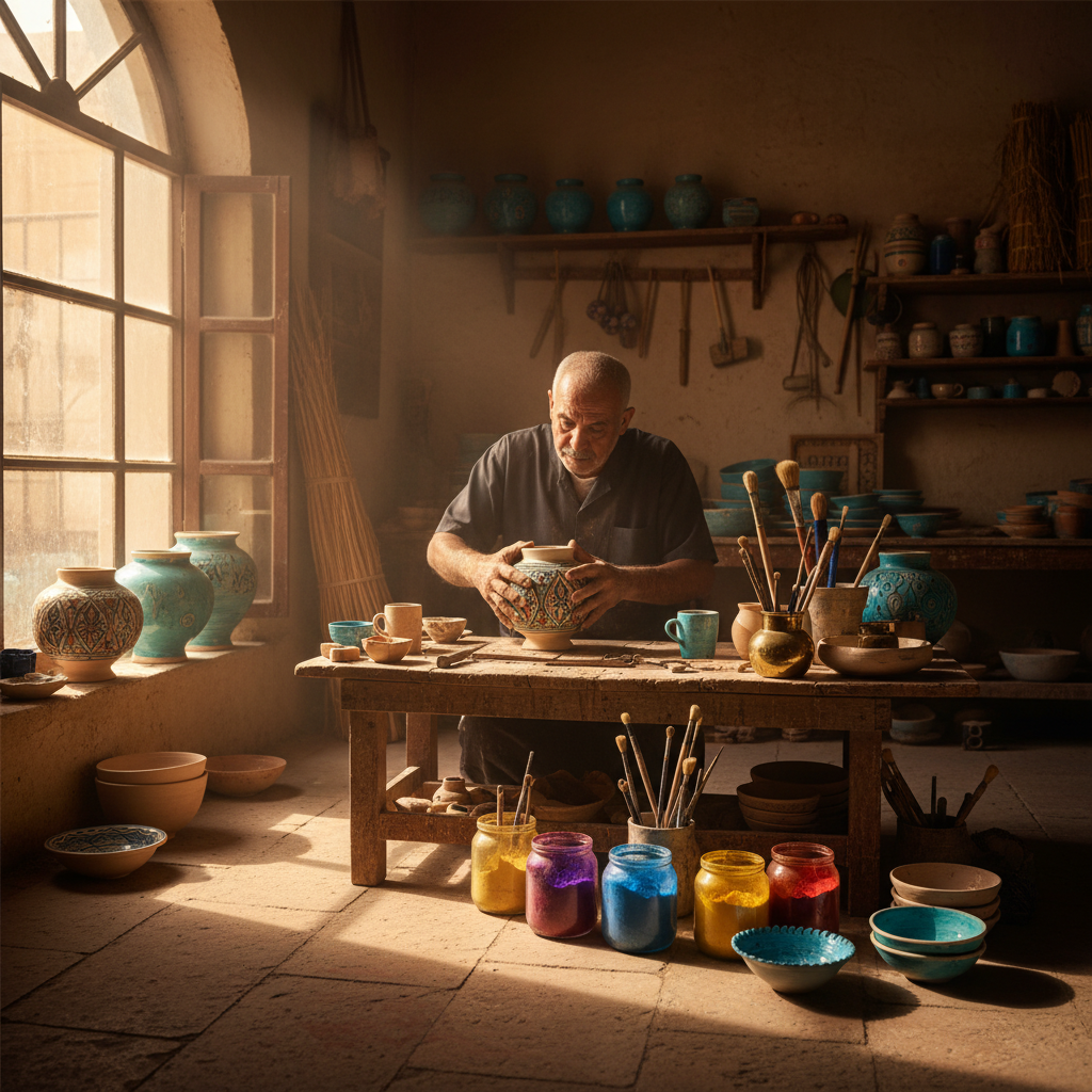 Artisan handcrafting a lamp in the Ailes du Nil workshop, Cairo